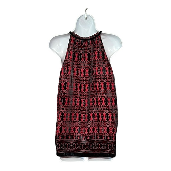 Max Studio Velvet Halter Top Red Black Pattern Sleeveless Lined Tunic Tank - Picture 2 of 7